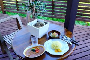 a table with a plate of rice and a potted plant at ワールドカリーの館　すぱいすろーど in Matsukawa