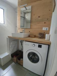 a bathroom with a washing machine and a sink at Appartement T3 50m² - 6 pers. - Barcelonnette in Barcelonnette