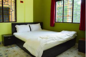 ボルプルにあるRoyal Palaceの緑の壁と窓が特徴のドミトリールームのベッド1台分です。