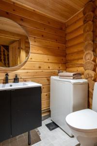 a bathroom with a toilet and a sink and a mirror at Villa Äkäsjoensuu in Äkäslompolo