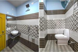 Duas fotografias de uma casa de banho com WC e lavatório. em FabHotel Snower em Lārji