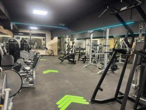 a gym with lots of equipment in a room at Bella apartman in Mladenovac