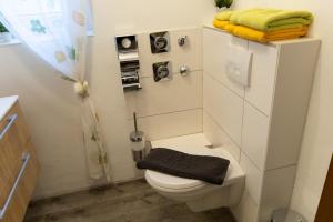 a bathroom with a white toilet with a black towel at NEU! Reiterhof Finkenmühle Fewo Dolly in Weißenstadt +4 photos