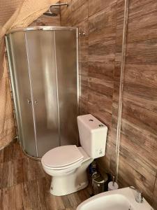 a bathroom with a toilet and a shower at Entre racimos, glamping entre viñedos in Ciudad Lujan de Cuyo