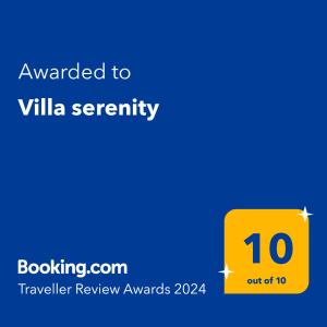 Сертификат, награда, табела или друг документ на показ в Villa serenity