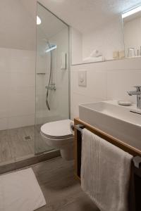 ein Bad mit einer Dusche, einem WC und einem Waschbecken in der Unterkunft Hotel Modus in Salzburg