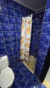 y baño de azulejos azules con aseo y ducha. en Porto Matrouh unique Chalet, en Marsa Matruh