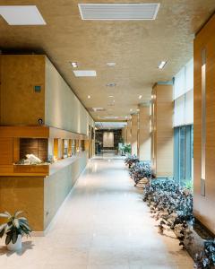 an empty hallway in a building with potted plants at FLY INN BAKU in Baku