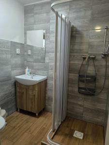 a bathroom with a sink and a shower at Penzion U Ježů - Ubytování in Pasohlávky