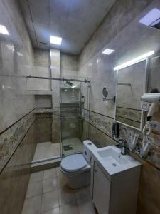 a bathroom with a shower and a toilet and a sink at Diamond Hotel Dushanbe in Dushanbe