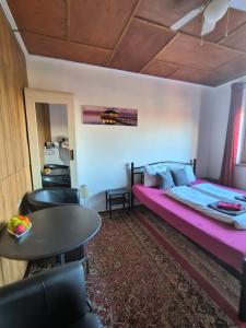 1 dormitorio con 1 cama, mesa y sillas en Penzion U Ježů - Ubytování en Pasohlávky