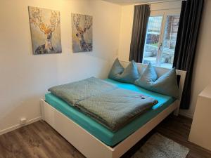 a bed in a room with a window at See und Berge Garden in Faulensee