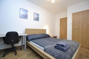 ein Schlafzimmer mit einem Bett, einem Schreibtisch und einem Stuhl in der Unterkunft Apartament SZMARAGDOWY z garażem Centrum Gliwic-Klimatyzacja in Gliwice
