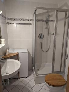 un bagno con doccia, WC e lavandino di Speckhaus Ferienwohnungen a Ruhpolding Altre 53 foto
