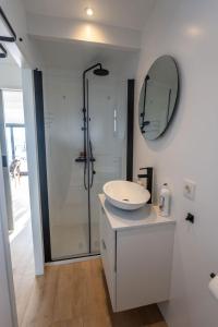 a bathroom with a sink and a shower with a mirror at Surla Houseboat De Saek with tender in Monnickendam