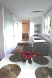 Nollingen的住宿－Stilvolle Ferienwohnung in Rheinfelden，厨房里摆放着红色鲜花的桌子