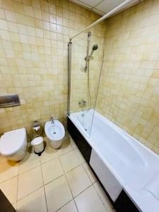 a bathroom with a toilet and a shower and a sink at Vacation Home In Best Part of Dubai in Dubai