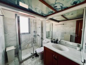 a bathroom with a sink and a shower and a toilet at Green Apartment near Marousi Hospitals & OAKA, by PromosHomes in Marousi