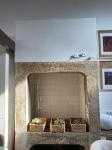 tre cesti di piante sedute su un camino in pietra di PedrasNegras30 Lisbon Lofts & Apartments a Lisbona