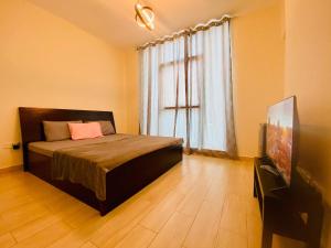 1 dormitorio con 1 cama, TV y ventana en Executive Master Bedroom In Shared Apartment en Dubái
