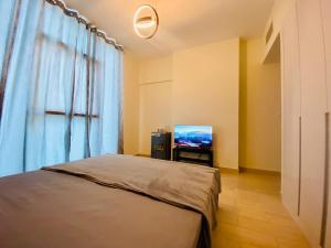 1 dormitorio con 1 cama y TV en Executive Master Bedroom In Shared Apartment en Dubái