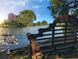 a bench next to a lake with a man laying on it at Daweswood - Luxury cottage, lake access & hot tub in Canterbury