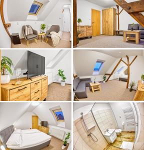 eine Collage mit vier Bildern eines Zimmers in der Unterkunft Hotel a Restaurace Růže in Podbořany