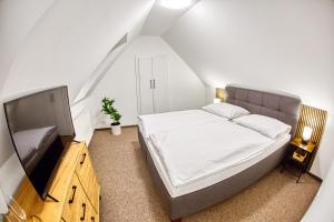 um quarto com uma cama e uma televisão de ecrã plano em Hotel a Restaurace Růže em Podbořany