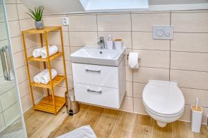 uma casa de banho com um WC e um lavatório em Hotel a Restaurace Růže em Podbořany