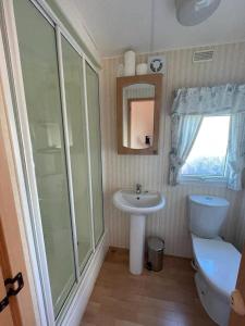 y baño con aseo, lavabo y ducha. en 2 bedroom cosy caravan en Borth