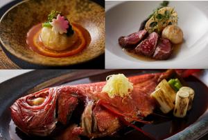 uma colagem de quatro imagens de alimentos em pratos em KAMENOI HOTEL Izukogen em Ito
