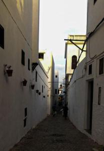 twee mensen lopen door een steeg tussen twee gebouwen bij Dar Ba sidi in Rabat