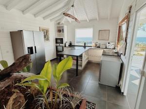 eine Küche mit Kühlschrank und Tisch in der Unterkunft Villa Calysta in Deshaies