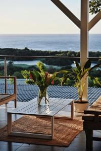 a table with plants sitting on top of a balcony at Villa Calysta in Deshaies +7 photos