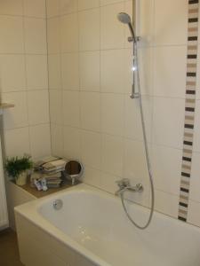 a bath tub with a shower in a bathroom at Monteurwohnung Ferienhof Arold in Creglingen