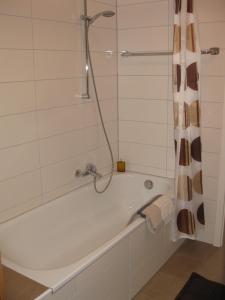 a bathroom with a bath tub with a shower at Monteurwohnung Ferienhof Arold in Creglingen