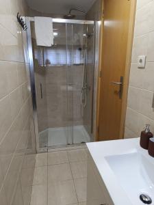 a bathroom with a shower with a glass door at Casinha Miradouro in Vila Nova de Gaia