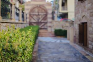 eine Gasse mit einem Torbogen in einem Gebäude mit Pflanzen in der Unterkunft Archontiko Frideriki Luxury Apartments in Chios