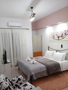 ein Schlafzimmer mit einem Bett und einem TV. in der Unterkunft VASO'S APPARTMENTS A in Mesolongi
