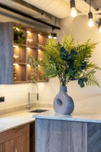 um vaso azul com flores num balcão na cozinha em Diff-Rent Living em Harrow