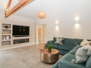 a living room with a couch and a tv at Lower Marsh Barns in Exeter