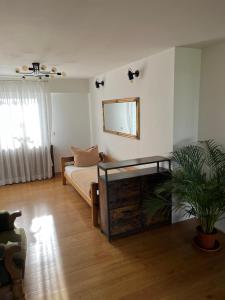 Sala de estar con cama y espejo en Voll Ausgestattetes Appartment in Bergkamen-Oberaden en Bergkamen