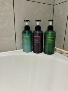 three bottles of detergent sitting on a shelf in a bathroom at Cosy County House apartment with free private parking Sleeps up to four guests in York