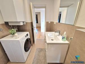 a bathroom with a washing machine and a sink at frisch modernisiertes Apartment in Altdorf