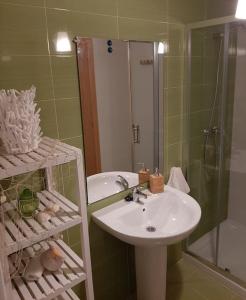 een badkamer met een wastafel, een douche en een spiegel bij Apartamento Camiño dos Faros in Malpica