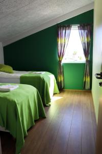 two beds in a green room with a window at Saxa Guesthouse in Stöðvarfjörður