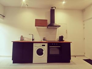 uma cozinha com um fogão e uma máquina de lavar roupa em Le quai du Rhône em Sainte-Colombe