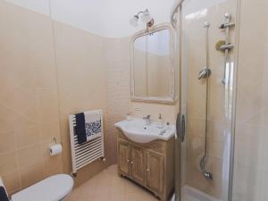 uma casa de banho com um lavatório e um chuveiro em Lotus Country House em Crespellano