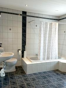 a bathroom with a tub and a toilet and a sink at Monteurwohnung Renate in Saarbrücken