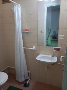 a bathroom with a sink and a shower curtain at Estudio en el Centro de Asunción in Asuncion